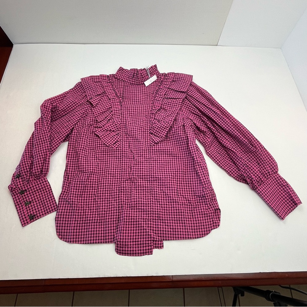 Ganni Seersucker Check Pattern Ruffle Top Women Size EU 38 Medium Pink Black NEW